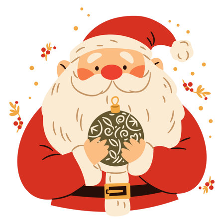 Flat vector illustration in childrens style. Cute Santa Claus is holding a Christmas christmas balloon. Vector illustrationのイラスト素材