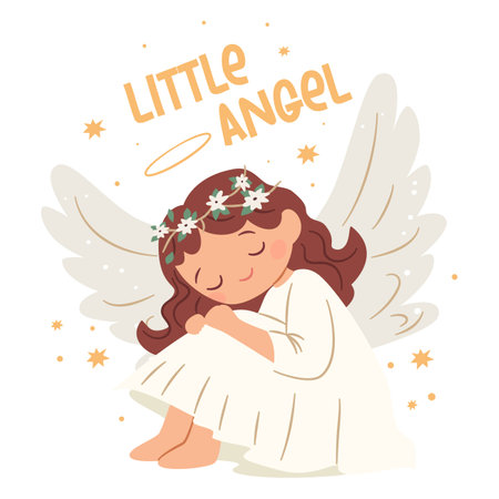 Flat vector illustration in childrens style. Cute little angel praying. Childrens illustration on white background, lettering little angel. Vector illustrationのイラスト素材