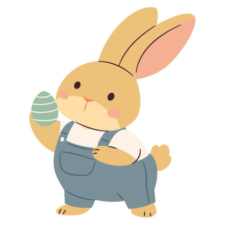 Flat vector illustration on Easter theme on white background. Cute bunny in denim comiison holding Easter egg. Vector illustrationのイラスト素材