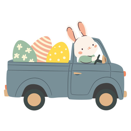Flat vector illustration on Easter theme on white background. Cute bunny rides on a truck and carries Easter eggs. Vector illustrationのイラスト素材