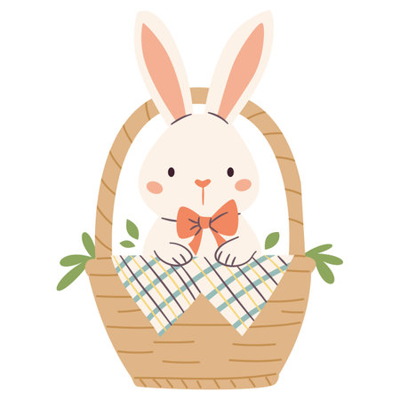 Flat vector illustration on Easter theme on white background. Cute Easter bunny sitting in a basket. Vector illustrationのイラスト素材