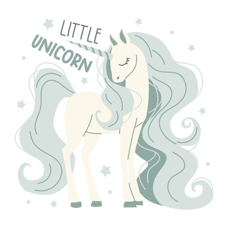 Cute vector magic unicorn with long mane and tail. Flat vector illustration in childish simple style on white background, stars and lettering. Vector illustrationのイラスト素材