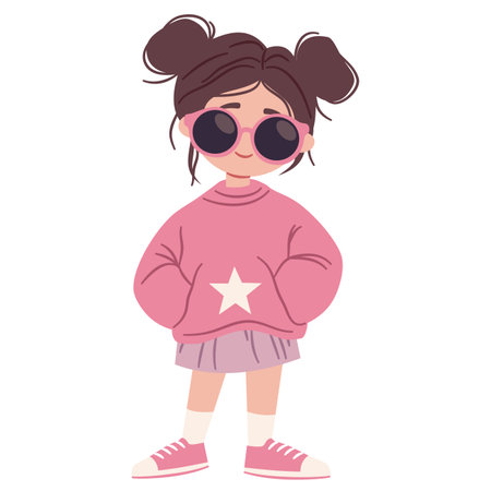 A flat vector illustration in a simple childrens style. A cute fashionable girl in a sweatshirt and sunglasses. Vector illustrationのイラスト素材