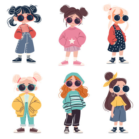Set of vector illustrations in childrens style. Cute girls in fashionable stylish clothes and sunglasses. Vector illustrationのイラスト素材