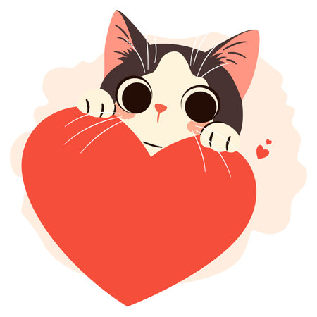 Cute vector illustration in childrens style for Valentines Day. Cute kitten hiding and peeking out from behind a big heart . Vector illustrationのイラスト素材
