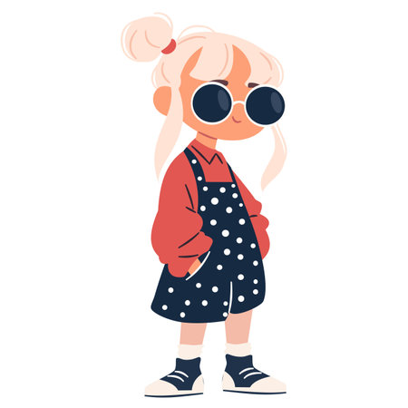 A flat vector illustration in a simple childrens style. A cute fashionable girl in a sweatshirt and sunglasses. Vector illustrationのイラスト素材
