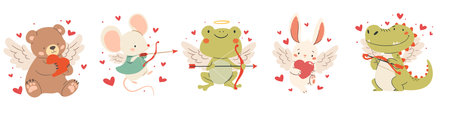 Set of vector illustrations for Valentines Day. Cute cupids bear frog crocodile mouse dinosaur and hare, animals with wings and hearts. Vector illustrationのイラスト素材