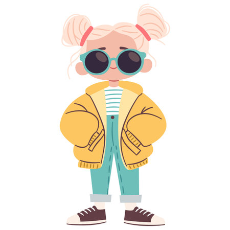 A flat vector illustration in a simple childrens style. A cute fashionable girl in a sweatshirt and sunglasses. Vector illustrationのイラスト素材