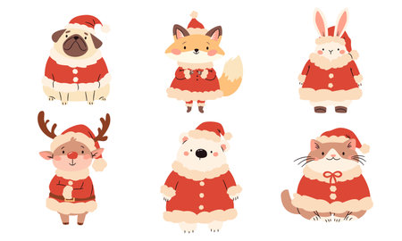 A set of flat vector illustrations in childrens style with Christmas theme. Cute animals in Santa Claus costume, reindeer pug hare hare fox bear cat on white background. Vector illustrationのイラスト素材