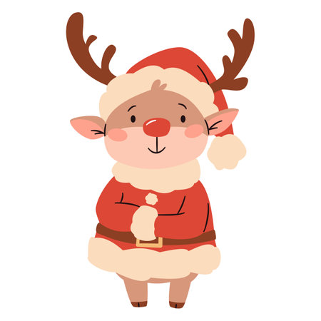 Flat vector illustration in a simple childrens style. Cute reindeer in Santa Claus costume on white background . Vector illustrationのイラスト素材