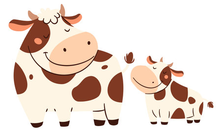 Set of flat vector illustrations in a simple childrens style. Cute spotted cow and her baby calf on white background. Frmer animals and their cubs. Vector illustrationのイラスト素材