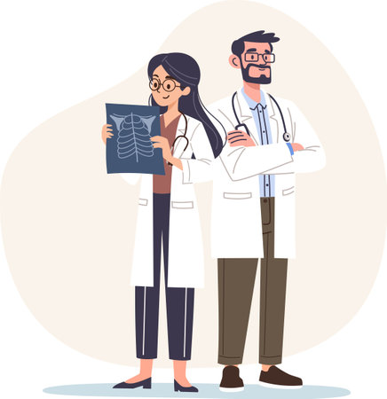 Flat vector illustration in a simple style. Kind doctors standing and smiling, man and woman, a group of medics. Vector illustrationのイラスト素材