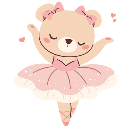 Flat vector illustration in a simple childish style. Cute ballerina bear dancing ballet, bear cub in cute pink tutu dress. Vector illustrationのイラスト素材