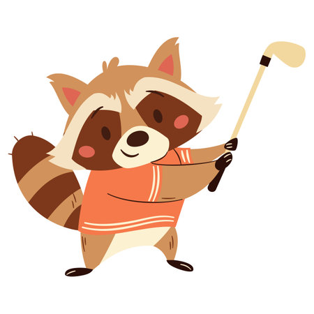 Flat vector illustration in a simple childrens style on a sports theme. Cute raccoon playing golf on white background . Vector illustrationのイラスト素材