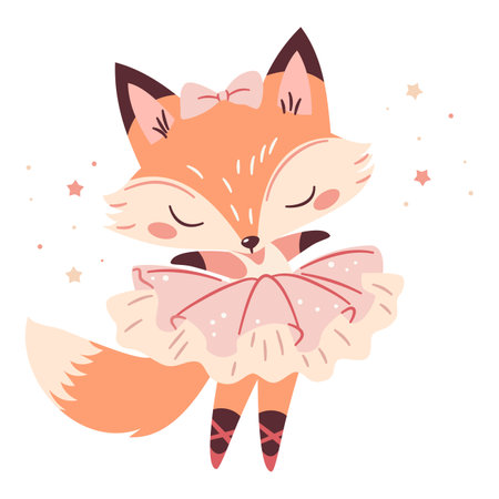 Flat vector illustration in a simple childish style. Cute fox ballerina dancing ballet, baby fox in cute pink tutu dress. Vector illustrationのイラスト素材