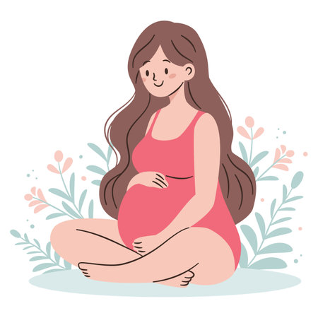 Flat vector illustration in a simple style. Cute pregnant woman sitting and hugging her belly. Vector illustrationのイラスト素材
