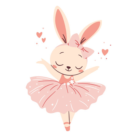 Flat vector illustration in a simple childrens style. Cute bunny in ballerina tutu dancing ballet. White background . Vector illustrationのイラスト素材