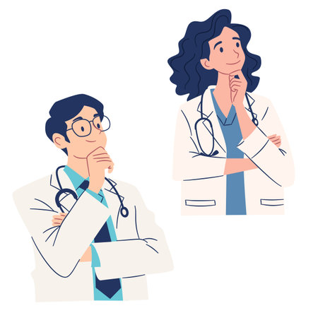 A set of flat vector illustrations in a simple style. Doctors man and woman in a pensive pose, problem solving, reflections. Vector illustrationのイラスト素材