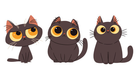 A set of flat vector illustrations in a simple childrens style. Cute black cats with big eyes with different emotions. Vector illustrationのイラスト素材