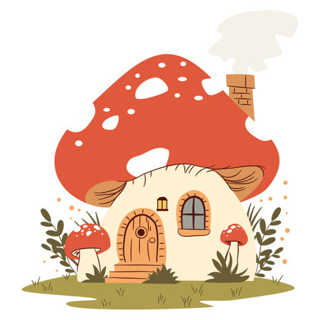 Flat vector illustration in a simple childrens style. Cute little elf house made of big fly mushroom. Vector illustrationのイラスト素材