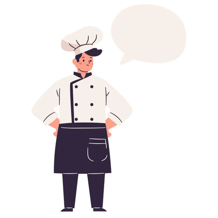 The cute male chef stands up straight and a speech bubble for your text. Flat vector illustration on white background . Vector illustrationのイラスト素材