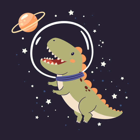 Cute kind dinosaur flying in a spacesuit in space, flat vector illustration in simple child style, dark background . Vector illustrationのイラスト素材