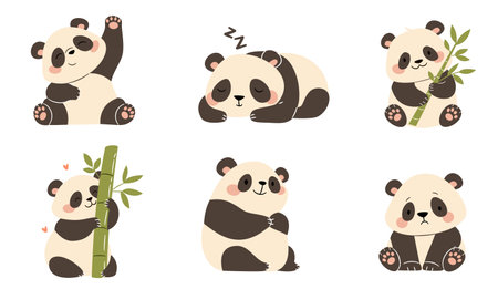 A set of flat vector illustrations in a simple childrens style. Cute pandas in different poses. Sleeping, with bamboo, funny and sad on a white background . Vector illustrationのイラスト素材