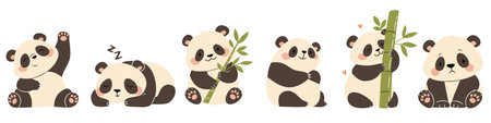A set of flat vector illustrations in a simple childrens style. Cute pandas in different poses. Sleeping, with bamboo, funny and sad on a white background . Vector illustrationのイラスト素材