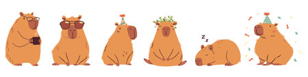 A set of flat vector illustrations in a simple childrens style. Cute capybaras in different poses, meditates, wearing sunglasses, office worker and others . Vector illustrationのイラスト素材