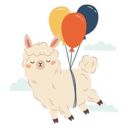 Cute llama flying on balloons. Flat vector illustration in simple childish style . Vector illustrationのイラスト素材