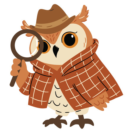 Flat vector illustration in a simple childrens style. Cute owl detective looking through magnifying glass, bird in detective costume. Vector illustrationのイラスト素材