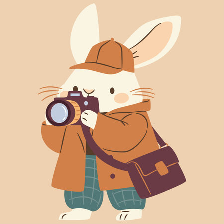 Flat vector illustration in a simple childrens style. Cute bunny private detective taking pictures in camera. . Vector illustrationのイラスト素材