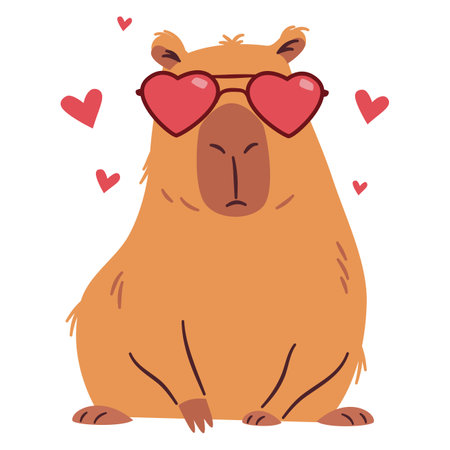 Flat vector illustration in a simple childrens style. Cute capybara wearing heart-shaped sunglasses. Valentines Day Holiday. Vector illustrationのイラスト素材