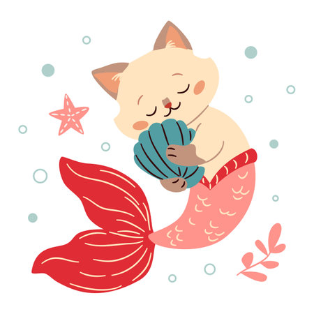Cute mermaid kitten swimming in the sea holding a shell. Flat vector illustration in a simple childrens style. Vector illustrationのイラスト素材