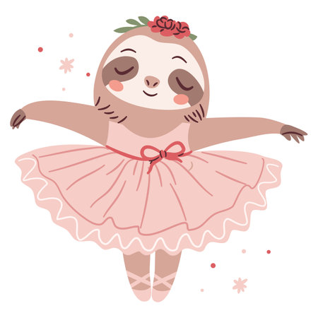 Cute sloth ballerina dancing ballet, ballet tutu. Flat vector illustration in simple child style . Vector illustrationのイラスト素材