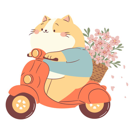 Flat vector spring illustration in simple childish style. Cute kitty rides on a scooter and carries a basket with flowers. . Vector illustrationのイラスト素材