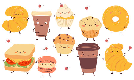 Vector set of cute illustrations in a simple childish style. Cute food with muzzles hands and feet. Croissants coffee glasses buns cakes and cupcakes. Vector illustrationのイラスト素材