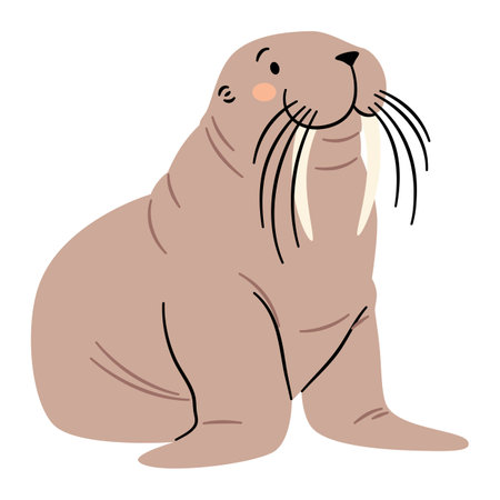 Flat vector illustration in a simple childrens style. Cute walrus on white background. Animals of the North Pole. Vector illustrationのイラスト素材