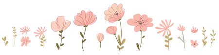 Vector set of cute pink flowers on white background. Flower buds and green twigs and leaves. Vector illustrationのイラスト素材