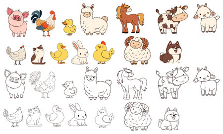 Set of flat vector illustration. Domestic farm animals. Cow pig lamb sheep sheep horse dog dog cat goose goose duck hen rooster goat. Color and black and white versions, coloring book . Vector illustrationのイラスト素材