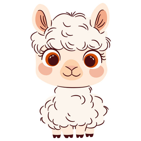 Cute vector illustration in a simple childish style. Cute baby llama with big eyes on white background. Vector illustrationのイラスト素材