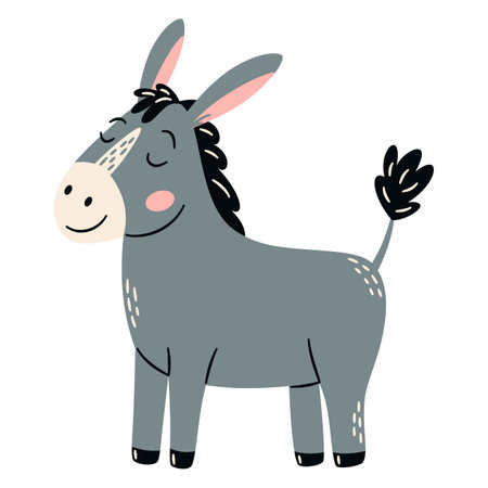Flat vector illustration in a simple childrens style. Cute donkey on white background. Farm animals . Vector illustrationのイラスト素材