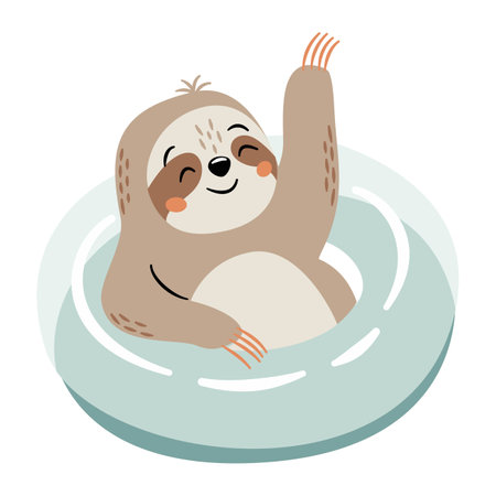 Flat vector illustration in a simple childrens style. Cute sloth swimming in inflatable circle on white background . Vector illustrationのイラスト素材