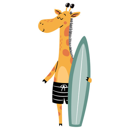 Flat vector illustration in a simple childrens style. Cute giraffe in swimming trunks standing and holding surfboard on white background . Vector illustrationのイラスト素材