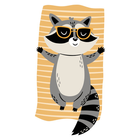 Flat vector illustration in a simple childrens style. Cute raccoon in sunglasses lying on a towel and sunbathing on white background . Vector illustrationのイラスト素材