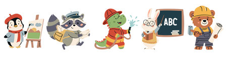 A set of flat vector illustrations in a simple childrens style. Animals for teaching children professions. Penguin painter, bear builder, dinosaur fireman, rabbit teacher and raccoon letter carrier. Vector illustrationのイラスト素材