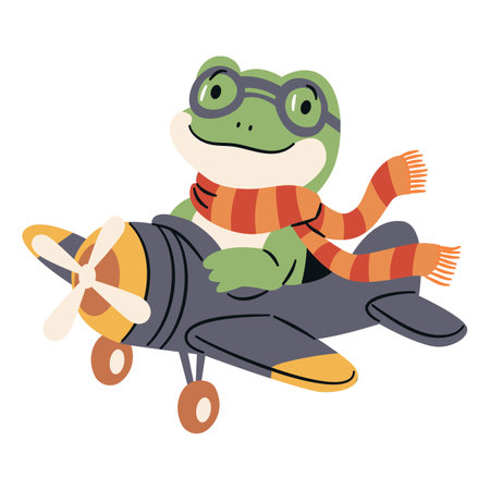 Flat vector illustration in a simple childrens style. Cute frog pilot flying on airplane. Vector illustrationのイラスト素材