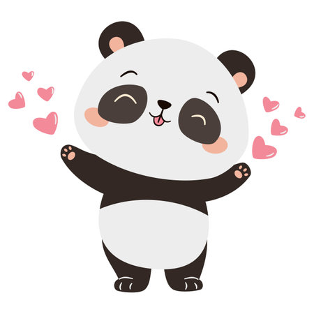 Cute loving panda with hearts, illustration for valentines day. Flat vector illustration in simple childish style. Vector illustrationのイラスト素材
