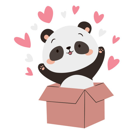 Flat vector illustration in a simple childrens style. Cute panda jumping out of a box with hearts. Illustration for valentines day on white background. Vector illustrationのイラスト素材