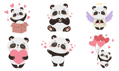 A set of flat vector illustrations in a simple childrens style. Cute illustrations for valentines day. Cute pandas with hearts, flying on balloons and jumping out of a box. Vector illustrationのイラスト素材